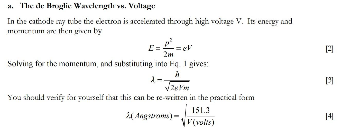 a. The de Broglie Wavelength vs. Voltage
In the cathode ray tube the electron is accelerated through high voltage \( \mathrm{