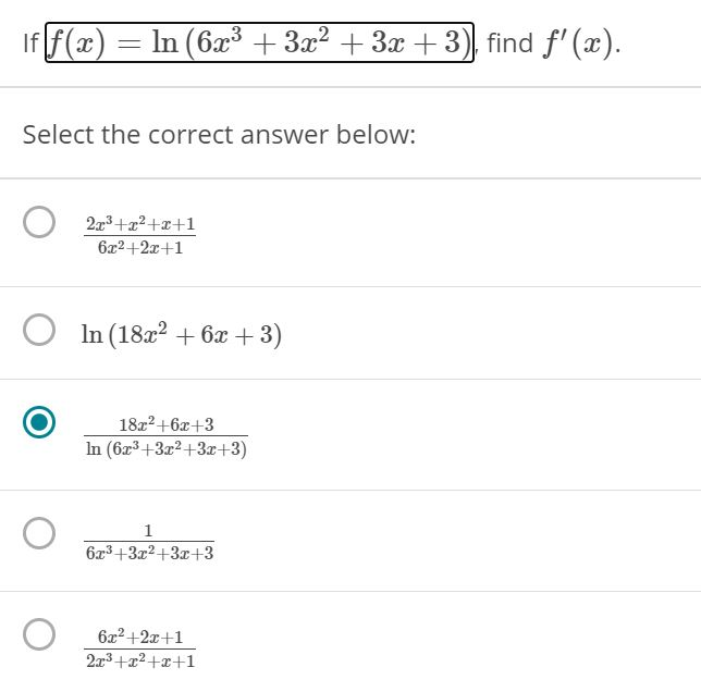 Solved If F(x) In (6x3 + 3x2 + 3x + 3) Find F'(x). Select 