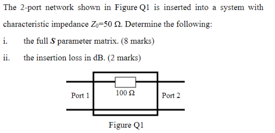 The 2-port network shown in Figure Q1 is inserted into a system with
characteristic impedance Zo=50 2. Determine the followin