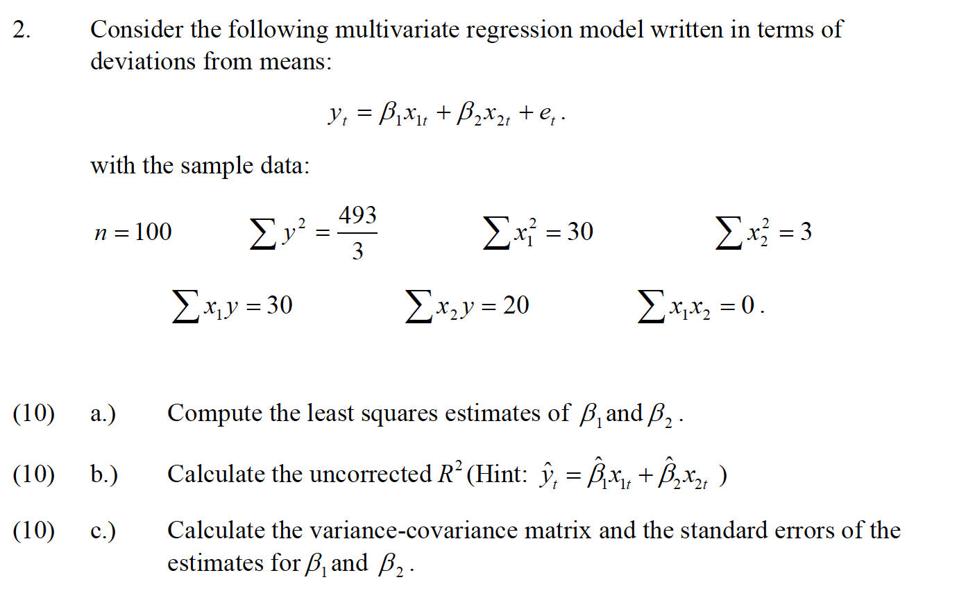 Solved 2. Consider the following multivariate regression | Chegg.com