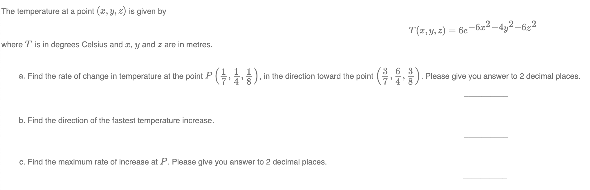 Solved The temperature at a point (2, y, z) is given by | Chegg.com