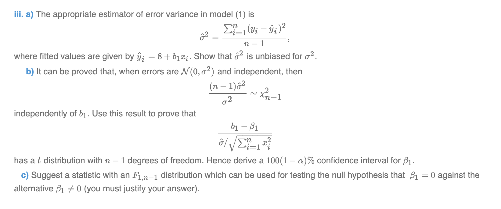 Solved iii. a) The appropriate estimator of error variance | Chegg.com