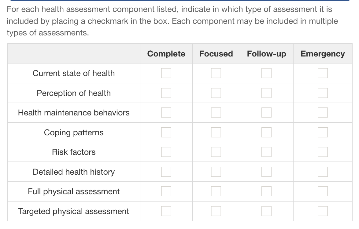 Solved For Each Health Assessment Component Listed, Indicate | Chegg.com