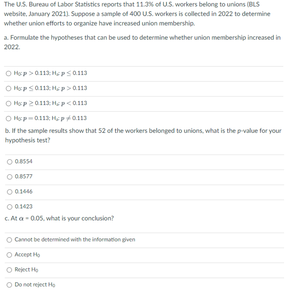 Solved The U.S. Bureau of Labor Statistics reports that | Chegg.com