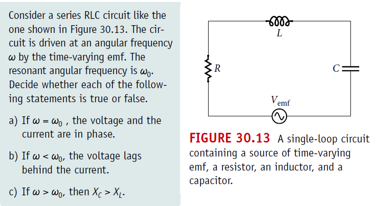 Consider a series RLC circuit like the
one shown in Figure 30.13. The cir-
cuit is driven at an angular frequency
w by the ti