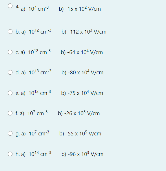 Solved A A 107 Cm 3 B 15 X 102 V Cm O B A 1012 Cm3 Chegg Com