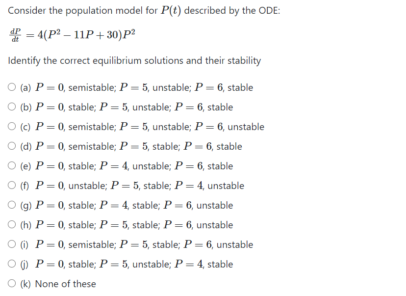 Solved Consider the population model for P(t) described by | Chegg.com
