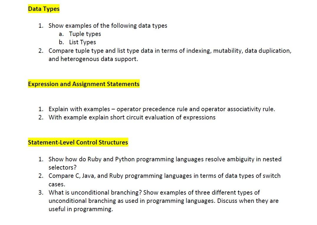 Solved Data Types 20. Show examples of the following data   Chegg.com