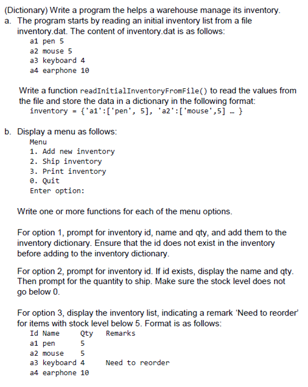 Solved (Dictionary) Write a program the helps a warehouse | Chegg.com