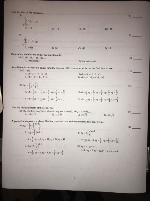 Solved Find the sum of the sequence 8) 8) ktk -11) A) -15 B) | Chegg.com