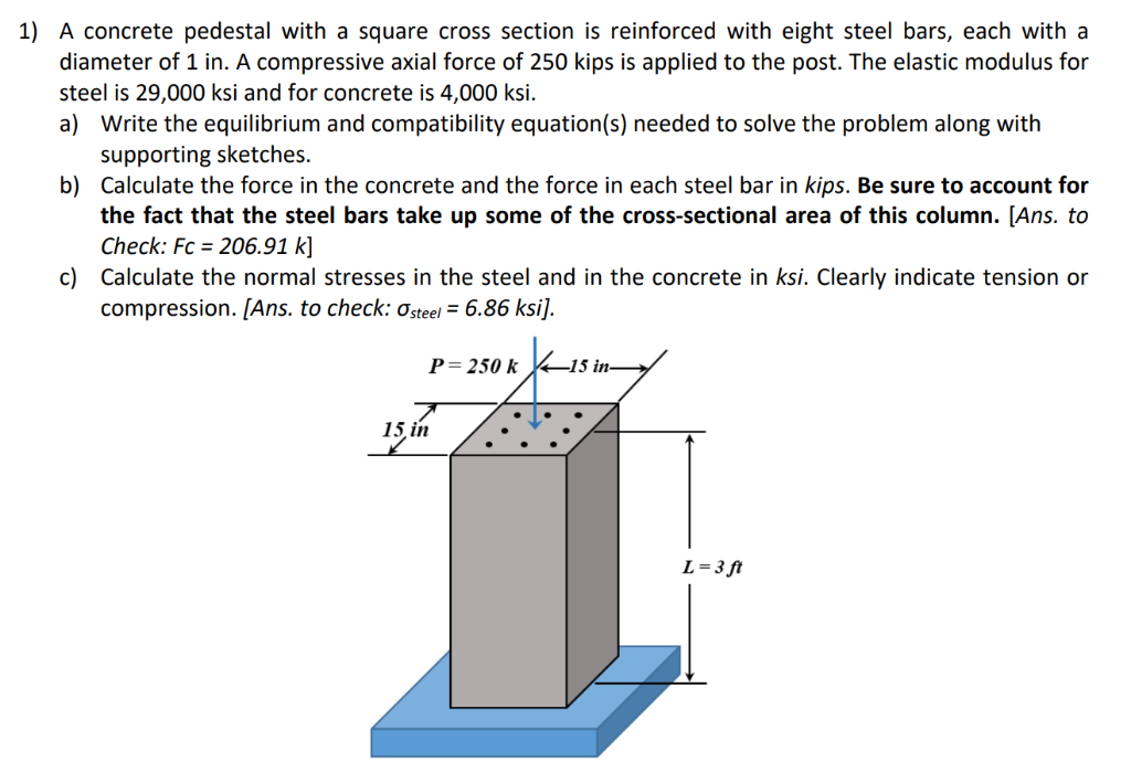 Solved 1) A concrete pedestal with a square cross section is | Chegg.com