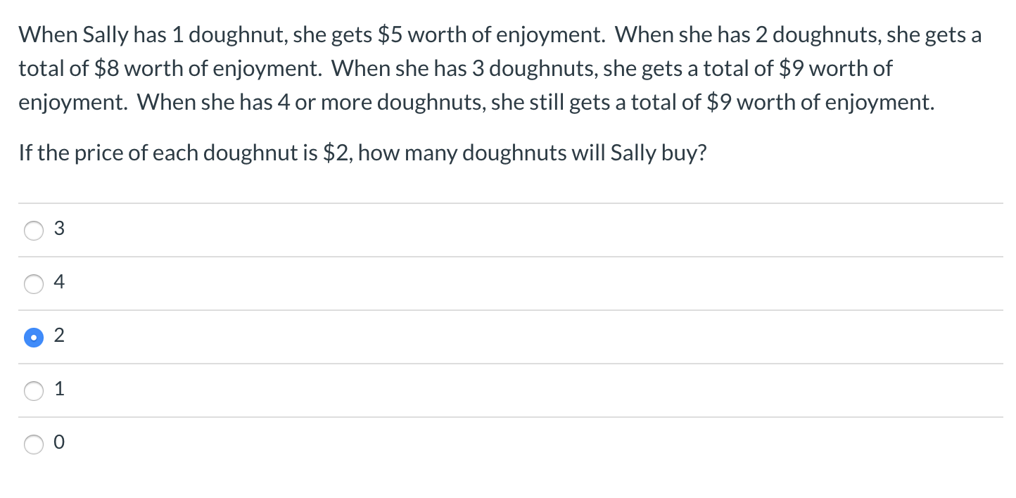 Solved When Sally has 1 doughnut, she gets $5 worth of | Chegg.com