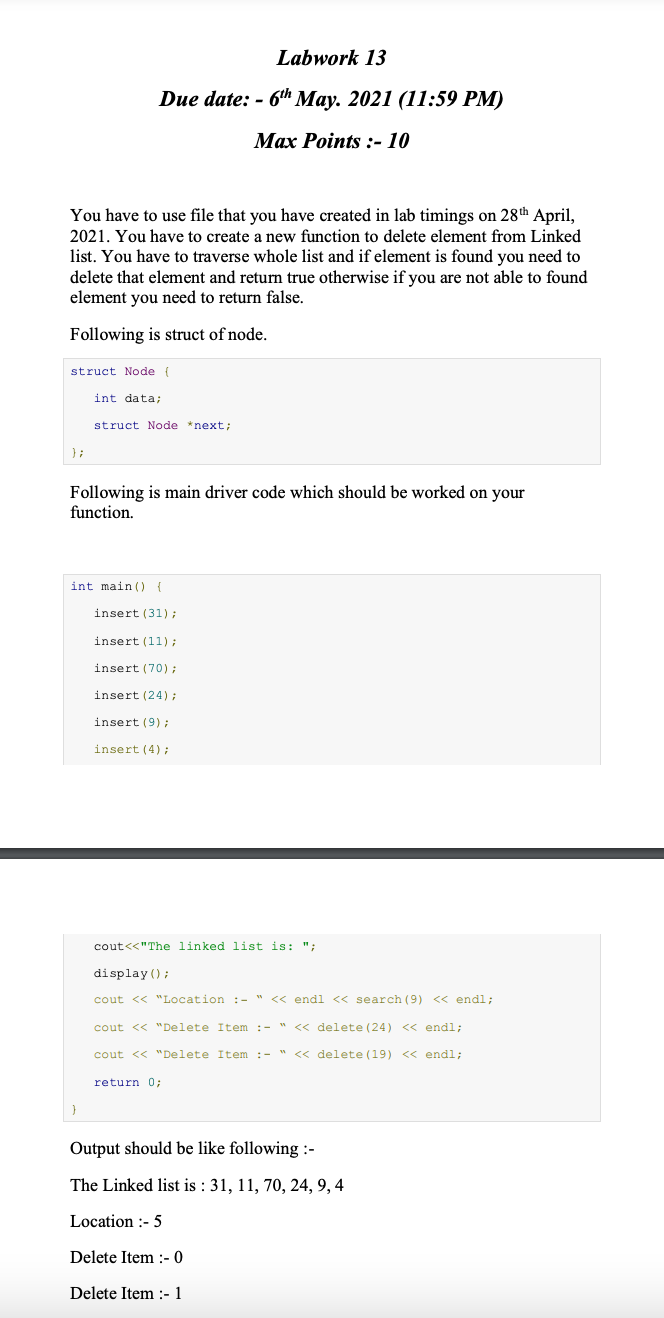 Solved Labwork 13 Due date: -6th May. 2021 (11:59 PM) Max | Chegg.com