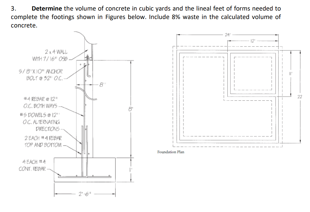 Solved 3. Determine the volume of concrete in cubic yards | Chegg.com