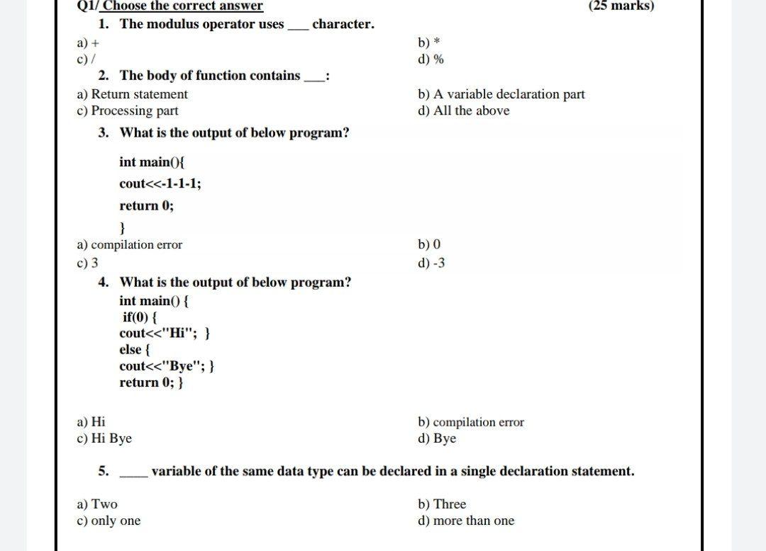 Solved (25 Marks) B) * D) % Q1/ Choose The Correct Answer 1. | Chegg.com