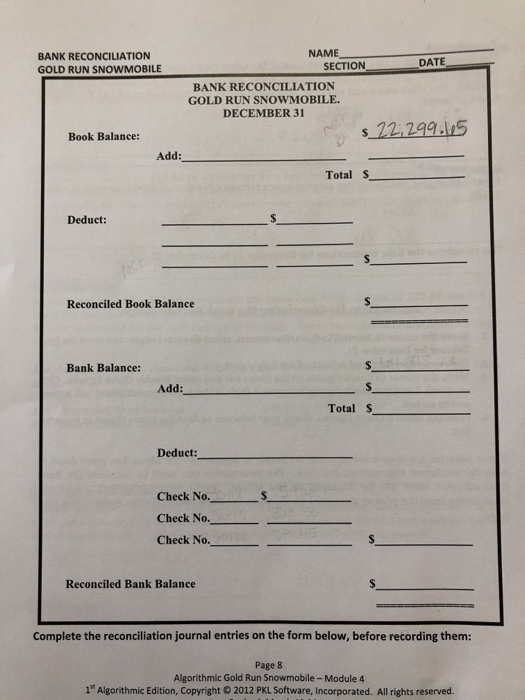 Solved BANK RECONCILIATION GOLD RUN SNOWMOBILE NAME_ SECTION | Chegg.com
