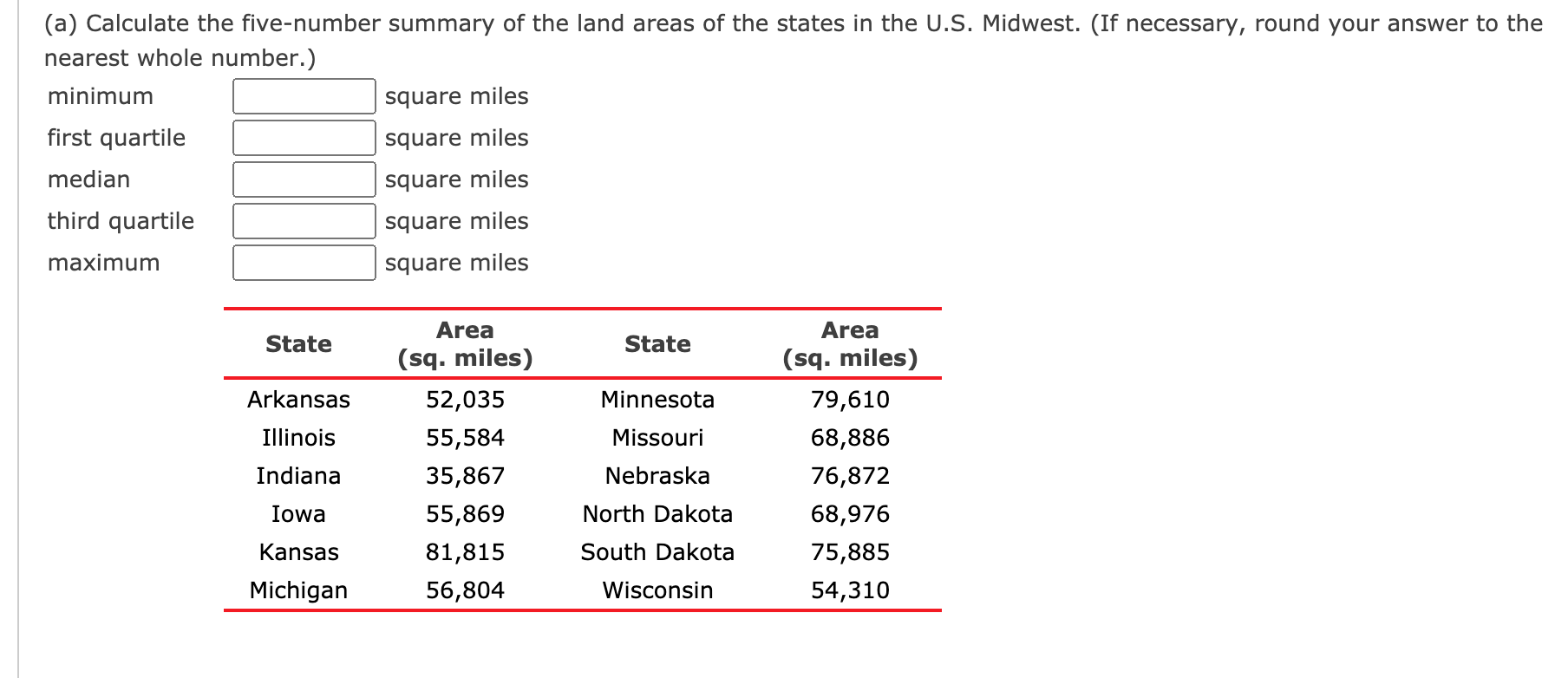 Solved (a) Calculate the five-number summary of the land | Chegg.com, image size:1808x782