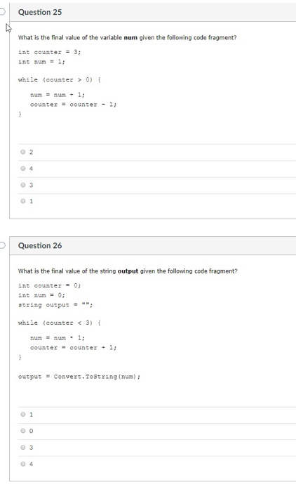 Solved Question 1 what is the final value of the variable | Chegg.com