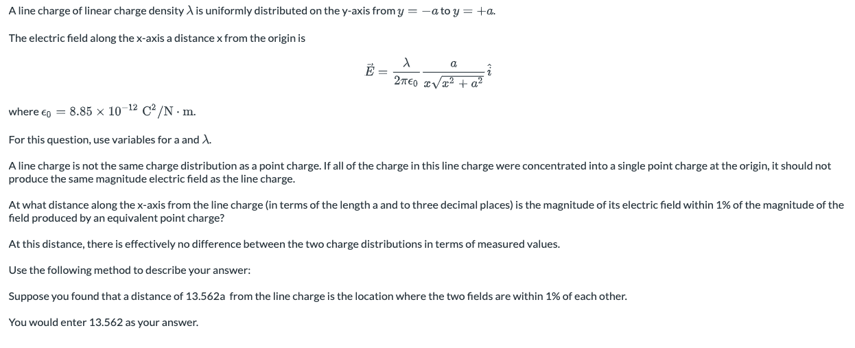 A line charge of linear charge density \( \lambda \) is uniformly distributed on the \( y \)-axis from \( y=-a \) to \( y=+a