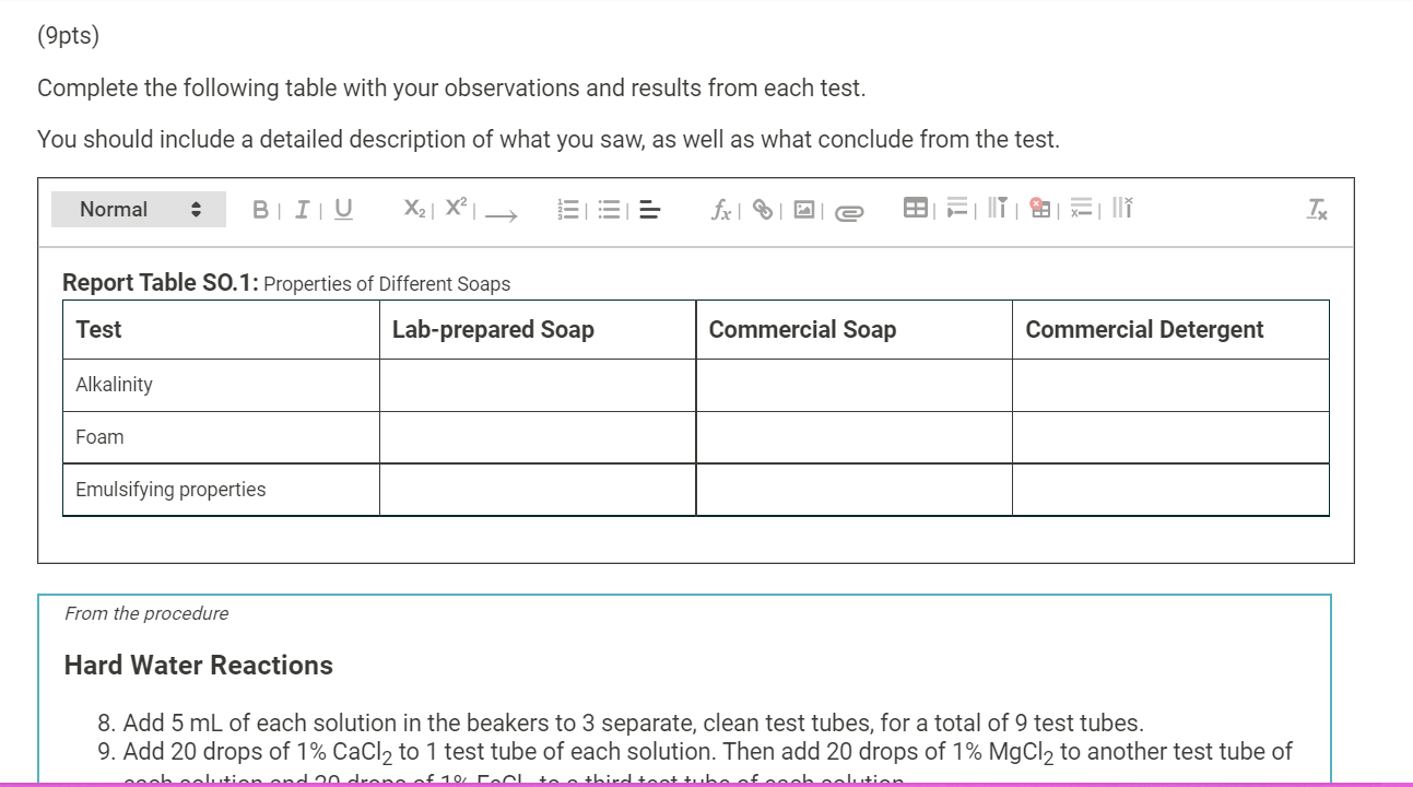 (9pts)
Complete the following table with your observations and results from each test.
You should include a detailed descript