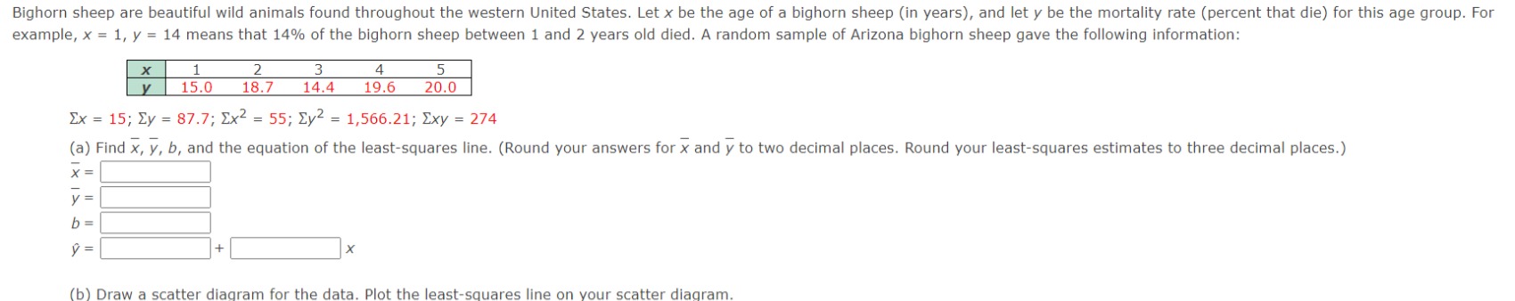 Solved example, x=1,y=14 means that 14% of the bighorn sheep | Chegg.com