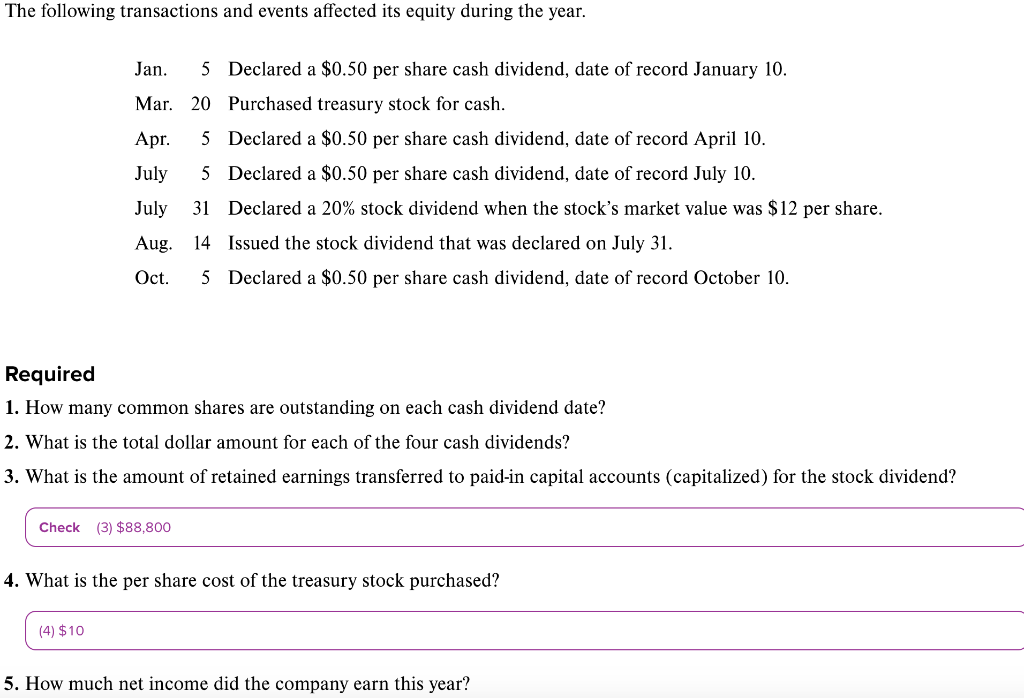 The following transactions and events affected its equity during the year.
Jan. 5 Declared a \( \$ 0.50 \) per share cash div