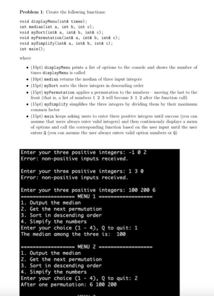 Solved Problem 1: Create the following functions: void | Chegg.com