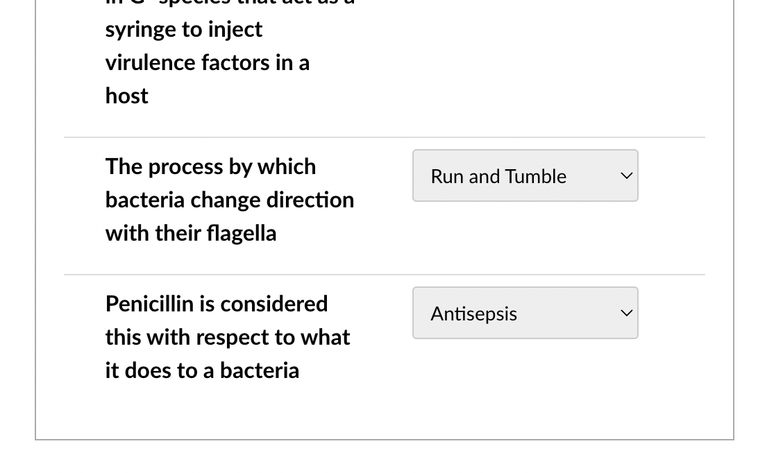 syringe to inject virulence factors in a host

The process by which bacteria change direction with their flagella
Penicillin 