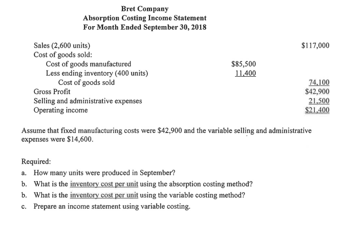 Bret company absorption costing income statement for month ended september 30, 2018 $117,000 $85,500 11,400 sales (2,600 unit