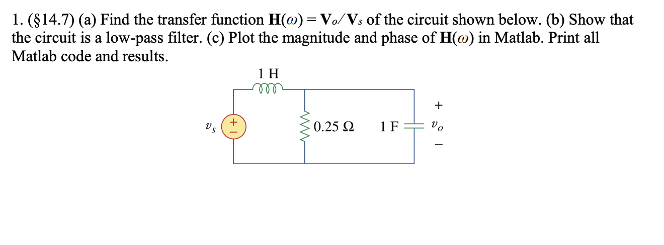 Solved 1. ($14.7) (a) Find the transfer function H(0) = V/Vs | Chegg.com
