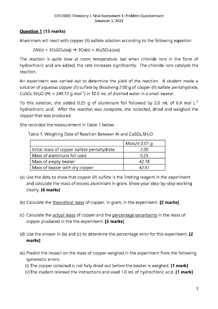 Solved CHE 10001 Chemistry 1 Final Assessment 1: Problem | Chegg.com