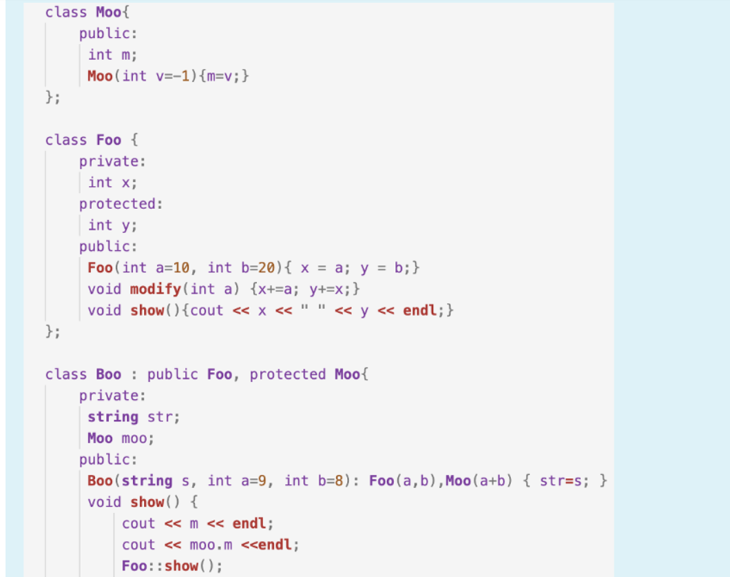 Solved class Moo{ public: int m; Moo(int v=-1){m=v;} }; | Chegg.com