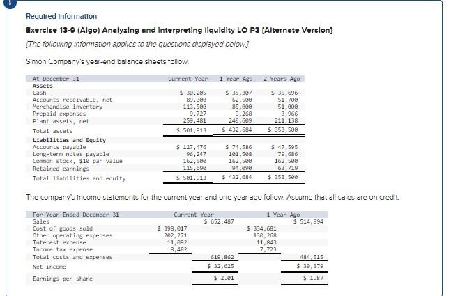 Solved Required information Exerelse 13-9 (Algo) Analyzing | Chegg.com