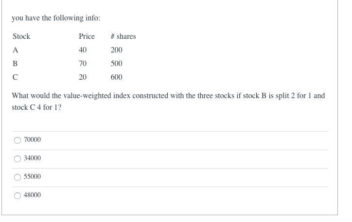 Solved You Have The Following Info: Stock Price # Shares A | Chegg.com