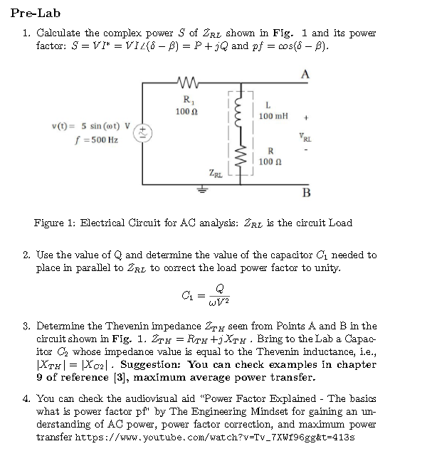 Solved Pre Lab 1 Calculate The Complex Power Of Zrl Show Chegg Com