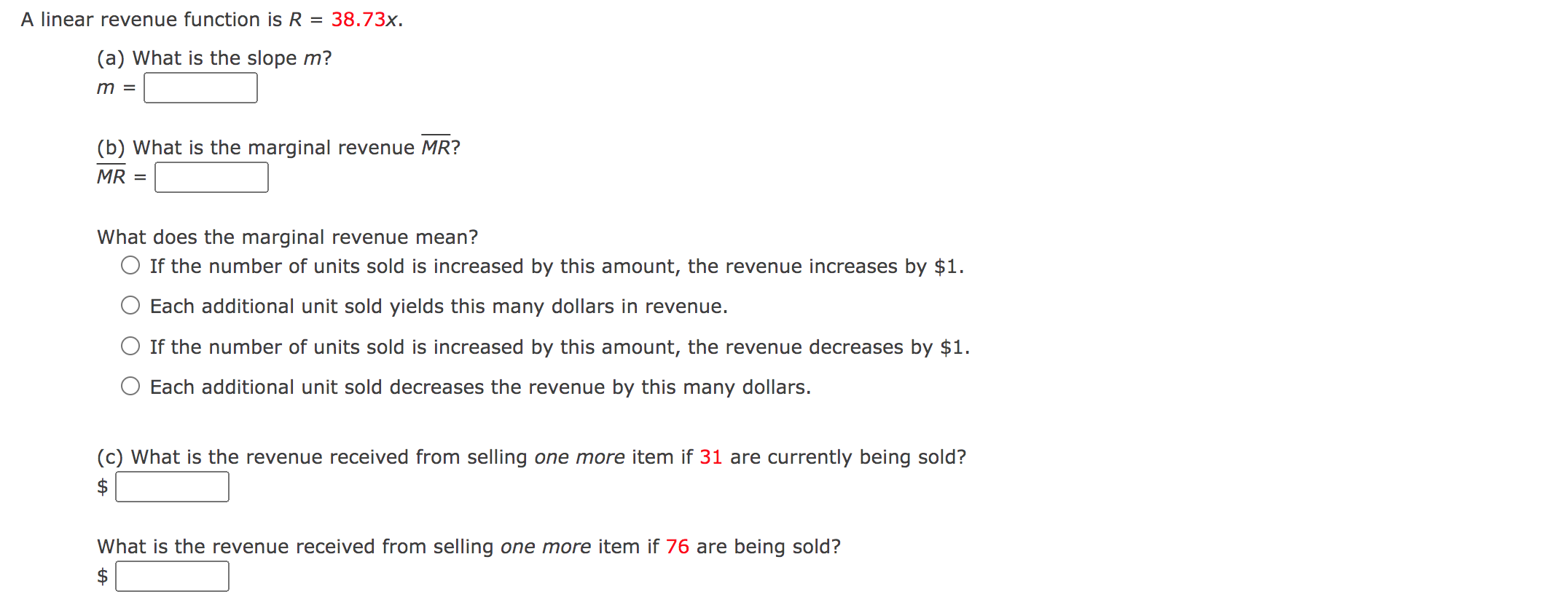 solved-a-linear-revenue-function-is-r-38-73x-a-what-is-chegg