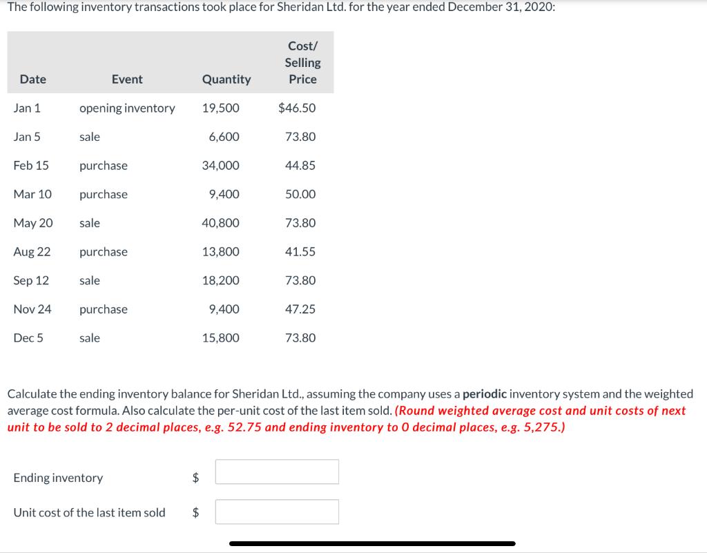 Solved The Following Inventory Transactions Took Place For | Chegg.com