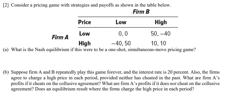 Solved 2] Consider A Pricing Game With Strategies And | Chegg.com