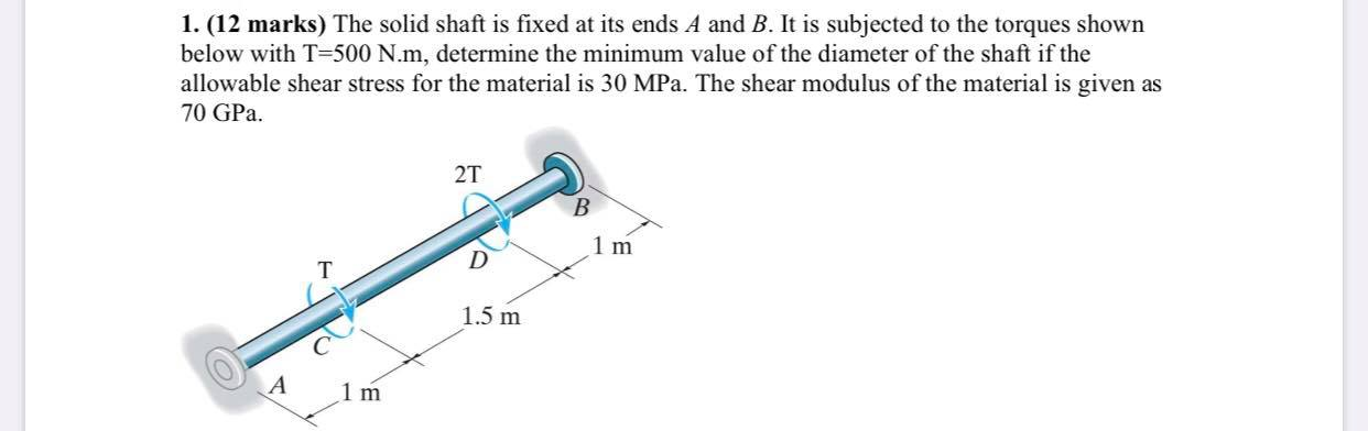 Solved 1. (12 marks) The solid shaft is fixed at its ends A | Chegg.com