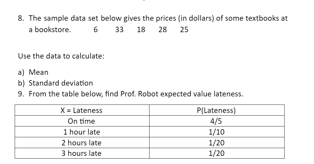 Solved 8. The sample data set below gives the prices (in | Chegg.com
