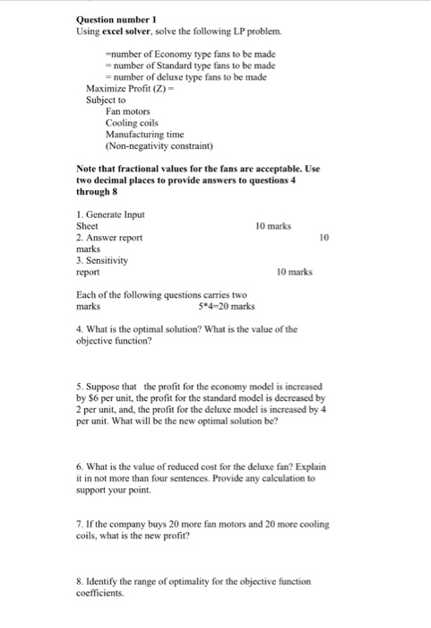 Question number 1 Using excel solver, solve the | Chegg.com