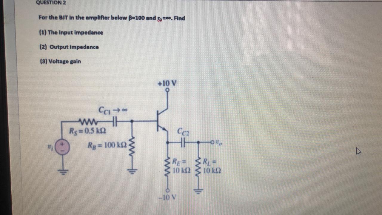 Solved QUESTION 2 For The BJT In The Amplifier Below B=100 | Chegg.com