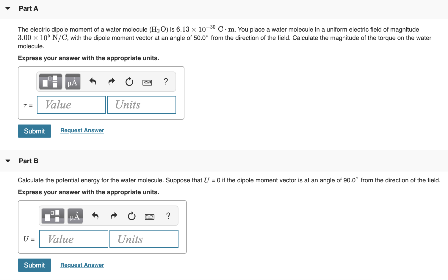 Solved Part A The electric dipole moment of a water molecule | Chegg.com