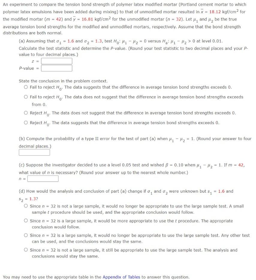 Solved An experiment to compare the tension bond strength of | Chegg.com