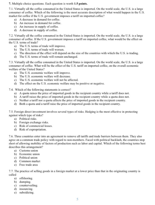 Solved 7. Multiple choice questions. Each question is worth | Chegg.com