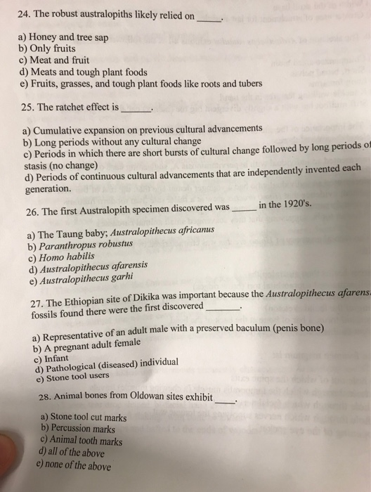 Solved 24. The robust australopiths likely relied on a) | Chegg.com