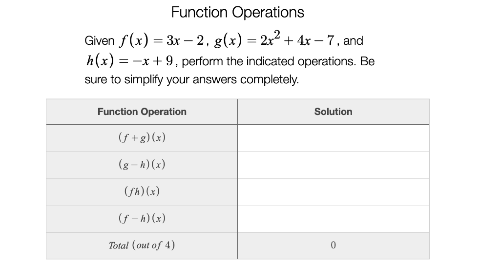 Solved Function Operations Given f (x) = 3x – 2, g(x) = 2x² | Chegg.com