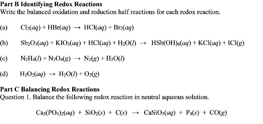 Solved Part B Identifying Redox Reactions Write the balanced | Chegg.com