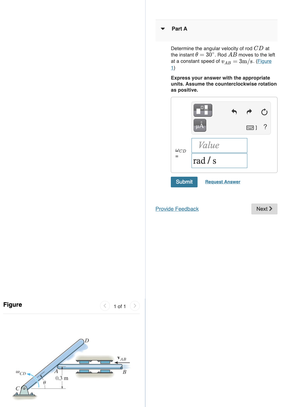 Solved Part A Determine the angular velocity of rod CD at | Chegg.com