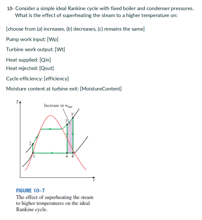 10- Consider a simple ideal Rankine cycle with fixed boiler and condenser pressures. What is the effect of superheating the s